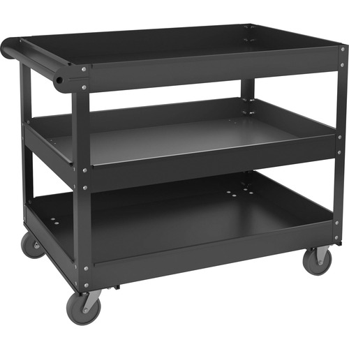 Lavex Large Black 3-Shelf Utility Cart with Ergonomic Handle, Built-In Tool  Compartments, and Oversized Wheels