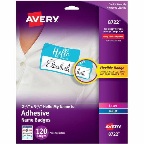 Avery Self-Adhesive Name Tags - "Hello My Name Is" - 11" Height x 8 1/2" Width - Removable Adhesive - Rectangle - Laser, Inkjet - Matte - White - Film - 8 / Sheet - 15 Total Sheets - 120 Total Label(s) - 5 - Print-to-the Edge, Removable, Self-adhesive, Cu