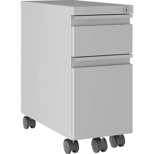 Lorell Slim Mobile Pedestal - 10" x 19.9" x 21.8" for File, Box - Letter, Legal - Mobility, Storage Space, Anti-tip, Hanging Rail, Locking Drawer, Compact, Key Lock - Silver - Metal - Recycled = LLR00047