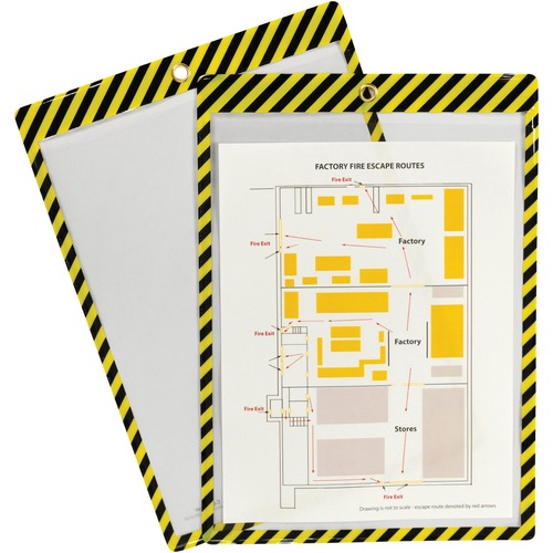 C-Line Safety Striped Shop Ticket Holders - 0.1" x 9.8" x 13.6" - Vinyl - 25 / Box - Yellow, Black