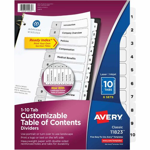 Avery® Ready Index 10-tab Custom TOC Dividers - 60 x Divider(s) - 1-10, Table of Contents - 10 Tab(s)/Set - 8.5" Divider Width x 11" Divider Length - 3 Hole Punched - White Paper Divider - White Paper Tab(s) - 6 / Pack