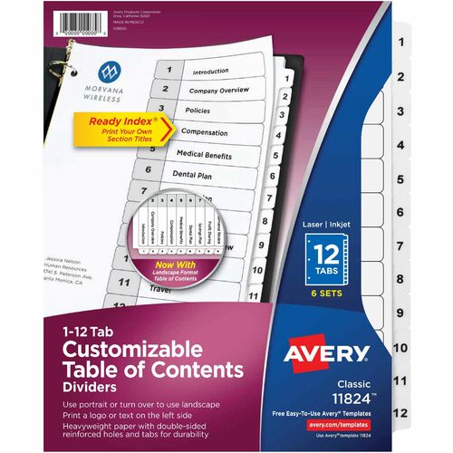 Avery® Ready Index 12-tab Custom TOC Dividers - 72 x Divider(s) - 1-12, Table of Contents - 12 Tab(s)/Set - 8.5" Divider Width x 11" Divider Length - 3 Hole Punched - White Paper Divider - White Paper Tab(s) - 6