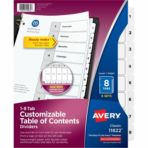 Avery® 8-tab Custom Table of Contents Dividers - 48 x Divider(s) - 1-8, Table of Contents - 8 Tab(s)/Set - 8.5" Divider Width x 11" Divider Length - 3 Hole Punched - White Paper Divider - White Paper Tab(s) - 6 / Pack