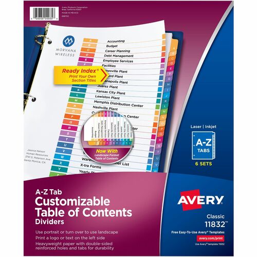 Avery® A-Z Customizable Multicolor TOC Dividers - 156 x Divider(s) - A-Z, Table of Contents - 26 Tab(s)/Set - 8.5" Divider Width x 11" Divider Length - 3 Hole Punched - White Paper Divider - Multicolor Paper Tab(s) - 6 / Pack