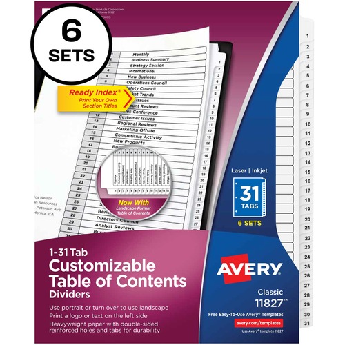 Avery® 1-31 Custom Table of Contents Dividers - 186 x Divider(s) - 1-31, Table of Contents - 31 Tab(s)/Set - 8.5" Divider Width x 11" Divider Length - 3 Hole Punched - White Paper Divider - White Paper Tab(s) - 6 / Pack