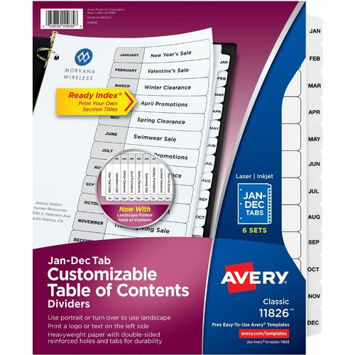 Avery® Ready Index 12 Tab Dividers, Customizable TOC, 6 Sets - 72 x Divider(s) - Jan-Dec, Table of Contents - 12 Tab(s)/Set - 8.5" Divider Width x 11" Divider Length - 3 Hole Punched - White Paper Divider - Multicolor Paper Tab(s) - 6 / Pack