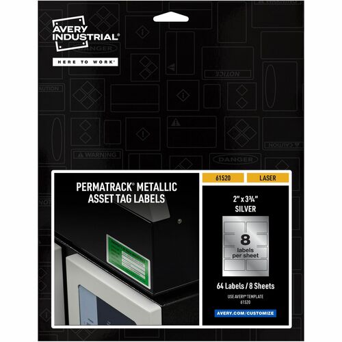 Avery® PermaTrack Metallic Asset Tag Labels, 2" x 3-3/4" , 64 Asset Tags - Waterproof - 2" Width x 3 3/4" Length - Permanent Adhesive - Rectangle - Laser - Silver - Film - 8 / Sheet - 8 Total Sheets - 64 Total Label(s) - 5 - PVC-free, Print-to-the Edg