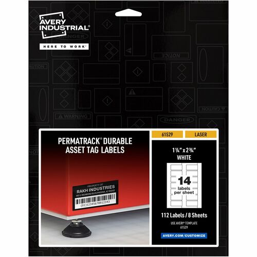 Avery® PermaTrack Durable White Asset Tag Labels, 1-1/4" x 2-3/4" , 112 Asset Tags - 1 1/4" Width x 2 3/4" Length - Permanent Adhesive - Rectangle - Laser - White - Film - 14 / Sheet - 8 Total Sheets - 112 Total Label(s) - 5 - Water Resistant - PVC-fr