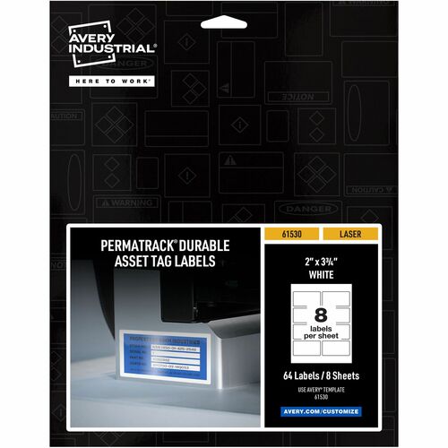 Avery® PermaTrack Durable White Asset Tag Labels, 2" x 3-3/4" , 64 Asset Tags - 2" Width x 3 3/4" Length - Permanent Adhesive - Rectangle - Laser - White - Film - 8 / Sheet - 8 Total Sheets - 64 Total Label(s) - Water Resistant - 64 / Pack