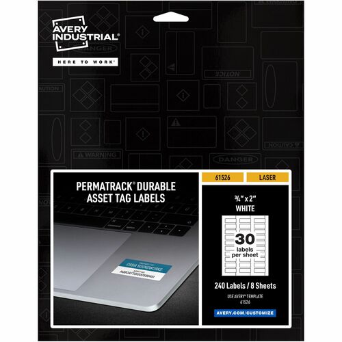 Avery® PermaTrack Durable White Asset Tag Labels, 3/4" x 2" , 240 Asset Tags - 3/4" Width x 2" Length - Permanent Adhesive - Rectangle - Laser - White - Film - 30 / Sheet - 8 Total Sheets - 240 Total Label(s) - 5 - Water Resistant