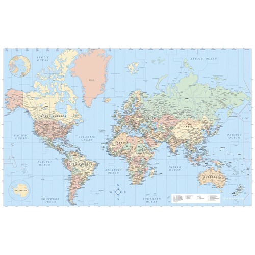 Advantus Laminated World Wall Map - 50" Width x 32" Height - Assorted - Laminated