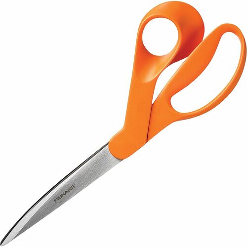 Fiskars Premier Heavy-Duty Scissors, 9" , Pointed, Orange - 9" Overall Length - Bent - Stainless Steel - Pointed Tip - 1 Each