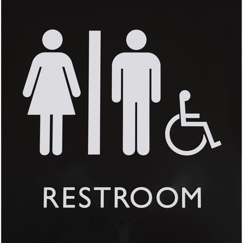 Lorell Unisex Handicap Restroom Sign - 1 Each - Restroom (Man/Woman/Wheelchair) Print/Message - 8" Width x 8" Height - Square Shape - Surface-mountable - Easy Readability, Injection-molded - Restroom, Architectural - Plastic - Black, Black