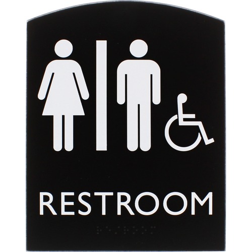 Lorell Arched Unisex Handicap Restroom Sign - 1 Each - 6.8" Width x 8.5" Height - Rectangular Shape - Surface-mountable - Easy Readability, Braille - Plastic - Black