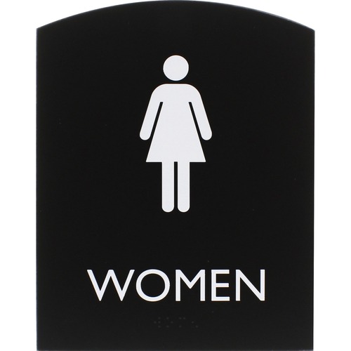 Lorell Arched Women's Restroom Sign - 1 Each - Women Print/Message - 6.8" Width x 8.5" Height - Rectangular Shape - Surface-mountable - Easy Readability, Braille - Plastic - Black