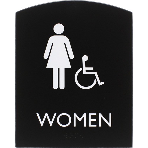 Lorell Arched Women's Handicap Restroom Sign - 1 Each - Women Print/Message - 6.8" Width x 8.5" Height - Rectangular Shape - Surface-mountable - Easy Readability, Braille - Plastic - Black