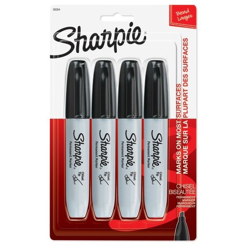 Sharpie Permanent Markers, Chisel Tip, Black Ink, Pack Of 4 Markers - Chisel Marker Point Style - Black Liquid Ink - Gray Plastic Barrel - 4 / Pack