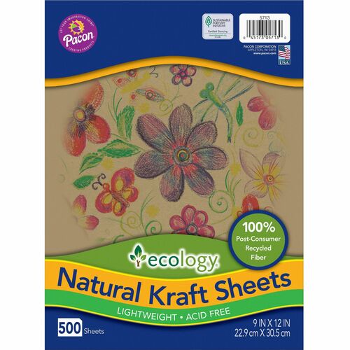 Ecology Natural Kraft Sheets - Drawing, Project, Art, Craft Project, Decoration - 500 Piece(s) - 2.10" Height x 9" Width x 12" Length - Natural - Kraft - 500 / Ream