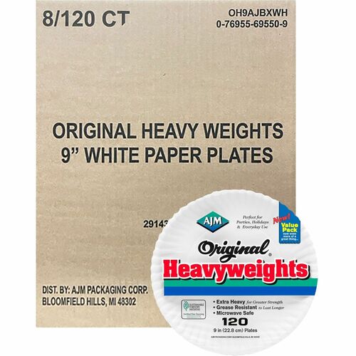 AJM 9" Original Heavyweight Plates - 120 / Pack - Serving, Reheating - Disposable - Microwave Safe - White - Paper Body - 8 / Carton