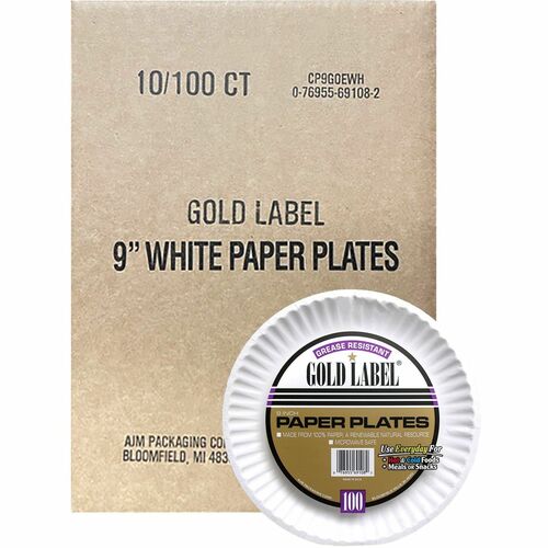 AJM 9" Dinnerware Paper Plates - 100 / Pack - Serving - Disposable - Microwave Safe - White - Paper Body - 10 / Carton