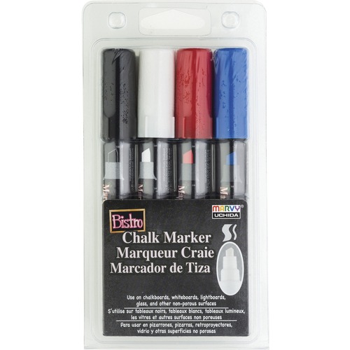 Marvy Bistro Chisel Tip Chalk Markers - Chisel Marker Point Style - Black, Blue, Red, White Water Based, Pigment-based Ink - 4 / Set