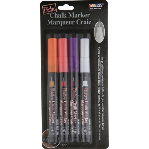 Marvy Bistro Extra Fine Tip Chalk Markers - Extra Fine Marker Point - White, Fluorescent Red, Fluorescent Orange, Fluorescent Violet Water Based, Pigm