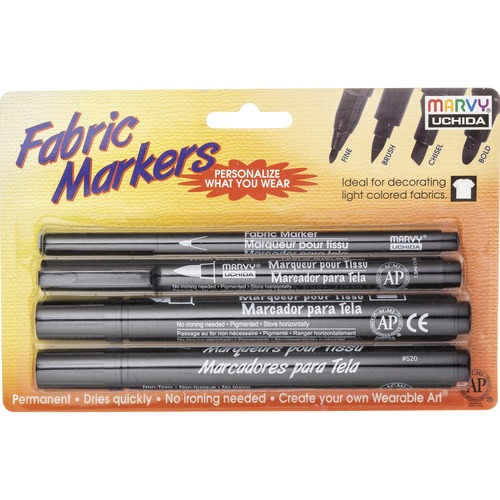 Marvy Fabric Markers Set - Broad, Fine Marker Point - Tapered, Brush, Chisel Marker Point Style - Black Pigment-based Ink - 4 / Pack