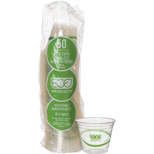 Eco-Products GreenStripe Cold Cups - 9 fl oz - 500 / Carton - Clear, Green - Polylactic Acid (PLA), Paper - Cold Drink