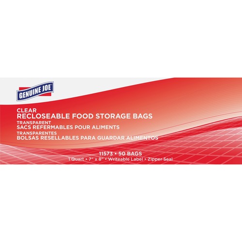 Genuine Joe Food Storage Bags - 1 quart Capacity - 7" Width x 8" Length - 1.75 mil (44 Micron) Thickness - Clear - 9/Carton - 50 Per Box - Food, Beef, Seafood, Poultry, Vegetables