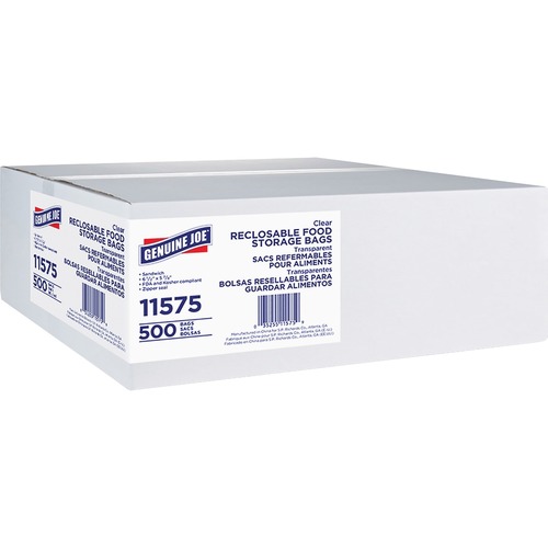 Genuine Joe Food Storage Bags - 6.50" Width x 5.88" Length - 1.15 mil (29 Micron) Thickness - Zipper Closure - Clear - 12/Carton - 500 Per Box - Food, Beef, Poultry, Seafood, Vegetables