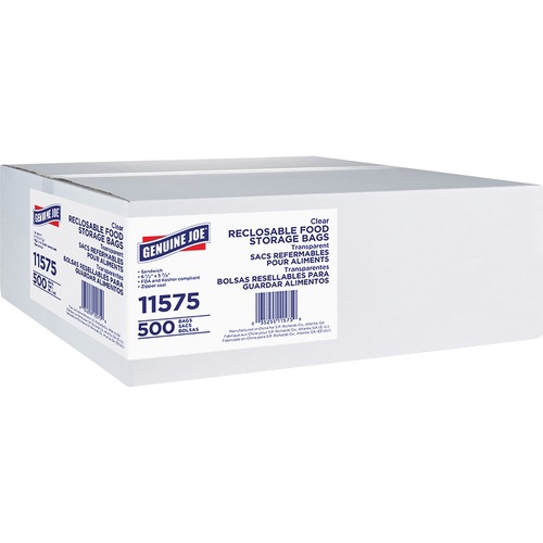 Genuine Joe Food Storage Bags - 6.50" Width x 5.88" Length x 1.15 mil (29 Micron) Thickness - Zipper Closure - Clear - Food, Beef, Poultry, Seafood, Vegetables - 500 Box - 12 / Carton