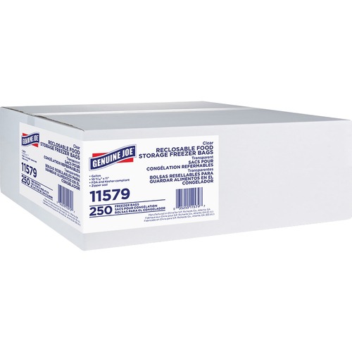 Genuine Joe Freezer Storage Bags - 1 gal Capacity - 2.70 mil (69 Micron) Thickness - Zipper Closure - Clear - 6/Carton - 250 Per Box - Beef, Poultry, Vegetables, Seafood, Food