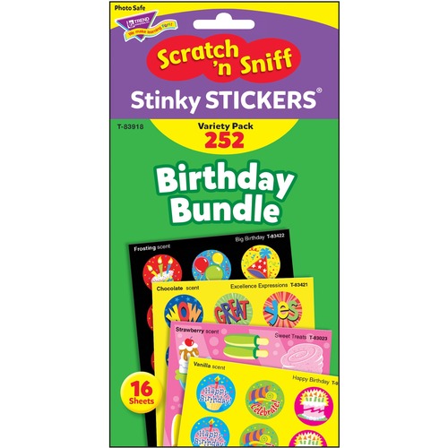 Trend Birthday Scratch 'n Sniff Stinky Stickers - Birthday Theme/Subject - Happy Birthday, Big Birthday, Sweet Treats, Excellence Expressions Shape - Scented, Acid-free, Photo-safe, Non-toxic - 0.13" Height x 4.13" Width x 5.88" Length - Multicolor - 252 