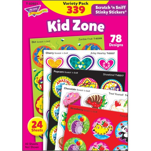 Trend Kid Zone Scratch 'n Sniff Stinky Stickers - Furry Fun, Zombie Fruit, Bumper Blast, Artsy Heartsy, Hearty Fun, Party-palooza, Treat Yourself, Showtime! Shape - Acid-free, Non-toxic, Photo-safe, Scented - 5.88" Height x 4.13" Width x 0.19" Length - Mu