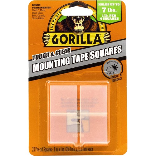 Gorilla Tough & Clear Mounting Squares - 1" Length x 1" Width - Clear - 24 / Pack