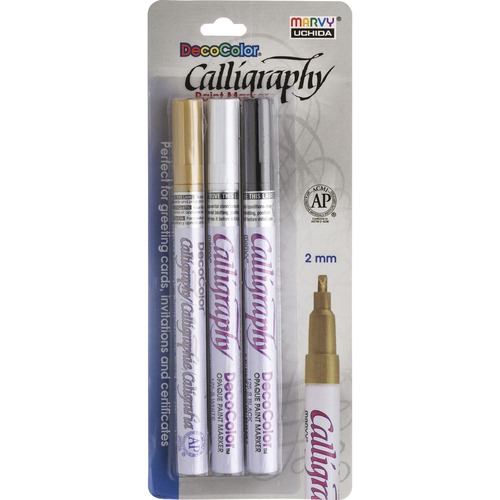 Marvy DecoColor Calligraphy Paint Markers - 2 mm Marker Point Size - Chisel Marker Point Style - Gold, Black, White Oil Based, Pigment-based Ink - 3 /