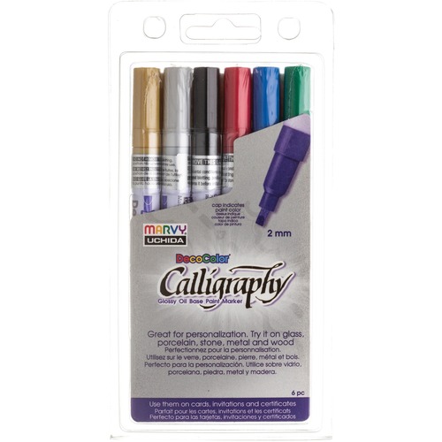 Marvy DecoColor Calligraphy Paint Markers - 2 mm Marker Point Size - Chisel Marker Point Style - Gold, Silver, Black, Red, Blue, Green Oil Based, Pigm