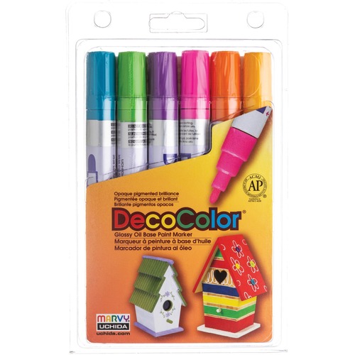 Marvy DecoColor Glossy Oil Base Paint Markers - Broad Marker Point - Yellow, Orange, Light Blue, Light Green, Rosemarie, Hot Purple Oil Based, Pigment