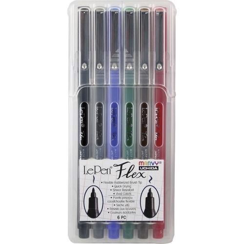 Marvy LePen Flex Brush Tip Pen Set - Brush Pen Point Style - Black, Red, Blue, Green, Brown, Dark Gray - Black, Red, Blue, Green, Brown, Dark Gray Barrel - Rubberized Tip - 6 / Set