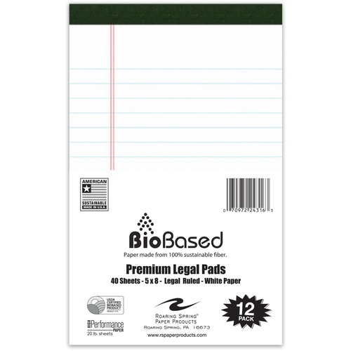 Roaring Spring USDA Certified Bio-Preferred Junior Size Legal Pads - 40 Sheets - 80 Pages - Printed - Stapled/Tapebound - Both Side Ruling Surface - Double Line Red Margin - 20 lb Basis Weight - 75 g/m² Grammage - 8" x 5" - 3" x 5" x 8" - White Paper