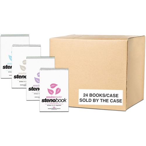 Roaring Spring Enviroshades Recycled Spiral Steno Memo Book - 80 Sheets - 160 Pages - Printed - Spiral Bound - Both Side Ruling Surface - Red Margin - 15 lb Basis Weight - 56 g/m² Grammage - 9" x 6" - 1.25" x 6" x 9" - Blue, Pink, Orchid, Green Paper
