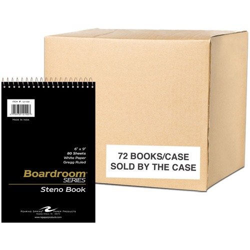 Roaring Spring Boardroom Series Gregg Ruled Spiral Steno Memo Book - 80 Sheets - 160 Pages - Printed - Spiral Bound - Both Side Ruling Surface - Red Margin - 15 lb Basis Weight - 56 g/m² Grammage - 9" x 6" - 0.30" x 6" x 9" - White Paper - 72 / Carto