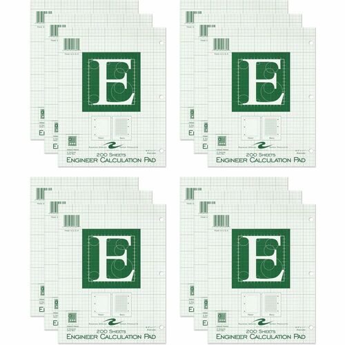Roaring Spring 5x5 Grid Engineering Pad - 200 Sheets - 400 Pages - Printed - Glued - Back Ruling Surface - 3 Hole(s) - 15 lb Basis Weight - 56 g/m² Grammage - 11" x 8 1/2" - 0.66" x 8.5" x 11" - Green Paper - Chipboard Cover - 24 / Carton