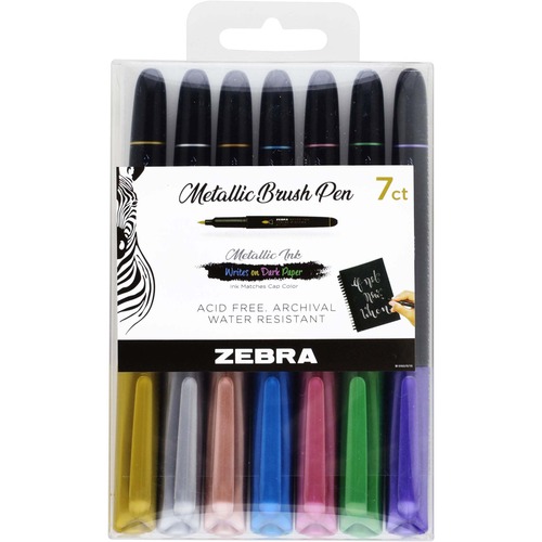 Zebra Pen Metallic Brush Pen Set - Medium Pen Point - Brush Pen Point Style - Assorted Metallic Pigment-based Ink - 7 / Pack