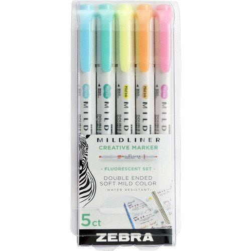 Zebra Pen Mildliner Double Ended Highlighter Assorted Fluorescent 5Pk - Broad, Fine Marker Point - Chisel, Bullet Marker Point Style - Fluorescent Assorted - White Barrel - 5 / Pack