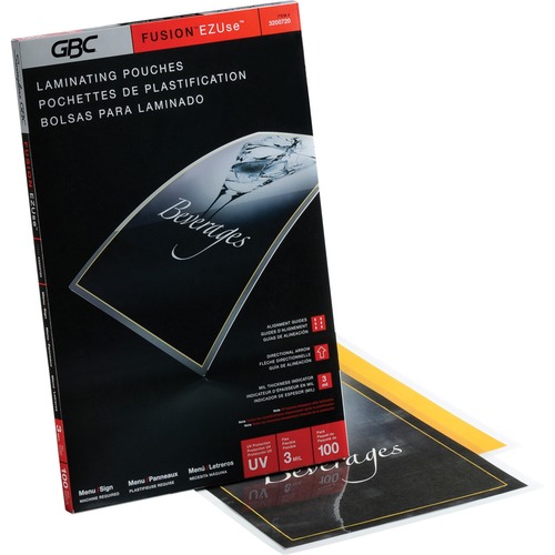 GBC EZUse Laminating Pouch - Sheet Size Supported: Menu 8.50" (215.90 mm) Width x 14" (355.60 mm) Length - Laminating Pouch/Sheet Size: 3 mil Thickness - for Menu - Alignment Guide - Clear - 100 / Pack