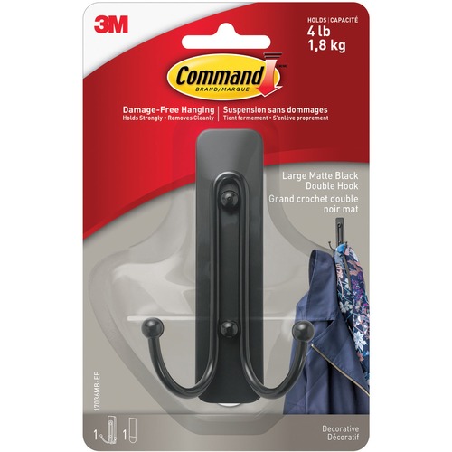 Command Hook - 1 Large Hook - 2.27 kg Capacity - 4" (101.60 mm) Length - for Painted Surface, Wood, Tile, Laundry Room, Closet, Kitchen, Office, Coat, Hat, Bag, Indoor - Plastic, Metal - Matte Black - 1 Each - Hooks & Hangers - MMM17036MBEF