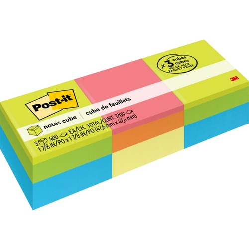 Post-it® Adhesive Note - 2" x 2" - Square - 400 Sheets per Pad - Blue, Green, Orange, Pink, Yellow - Sticky, Removable, Adhesive, Recyclable - 3 / Pack