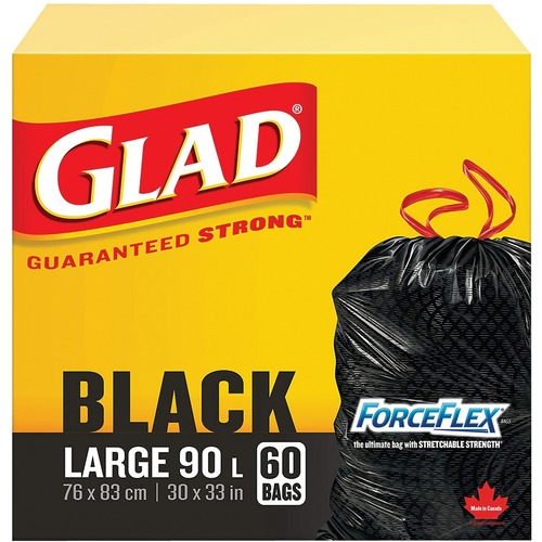 Glad ForceFlex Trash Bag - Large Size - 90 L - 30" (762 mm) Width x 33" (838.20 mm) Length - Black - 60/Box - Garbage - Trash Bags & Liners - CLO30308