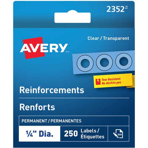Avery® Clear Reinforcement Labels - 0.25" (6.35 mm) Diameter - Round - Clear - Polyvinyl - 250 / Box - Hole Reinforcements - AVE2352